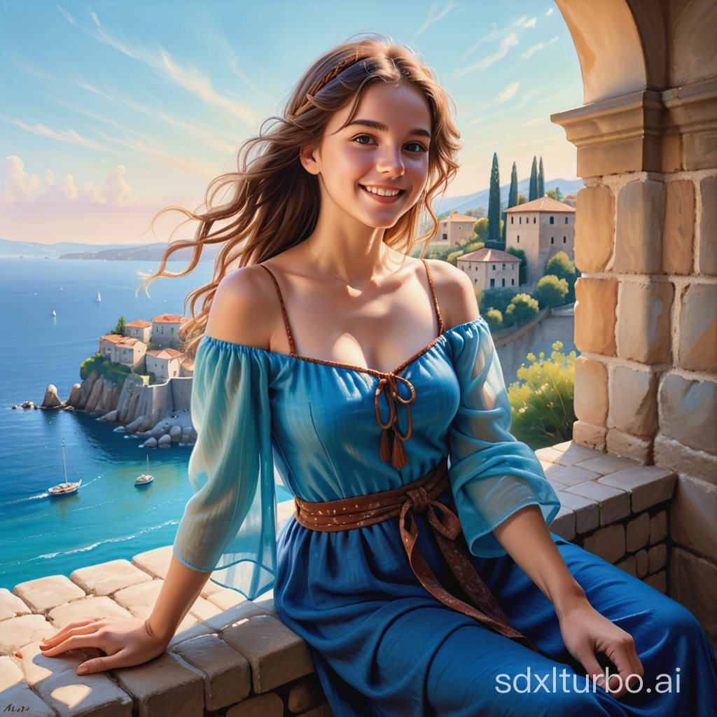 A hyper-realistic oil painting of a cheerful young woman sitting on a stone wall of an old castle in Italy, during summer. She's wearing a tight blue cloth tied around her chest and a brown batik around her waist, with her hair tied atop her head. She is looking at a sea view from a castle window. The painting emphasizes the woman, blending vintage charm with mystery. Surrounding her is an enchanting aura with an ethereal glow, sparkling light, and vibrant colors, creating a dreamlike scene. The artwork features impressionist master-style brushstrokes, sunlight, trees, rocks, blue water, and coastal houses, conveying a 16K UHD HDR quality.