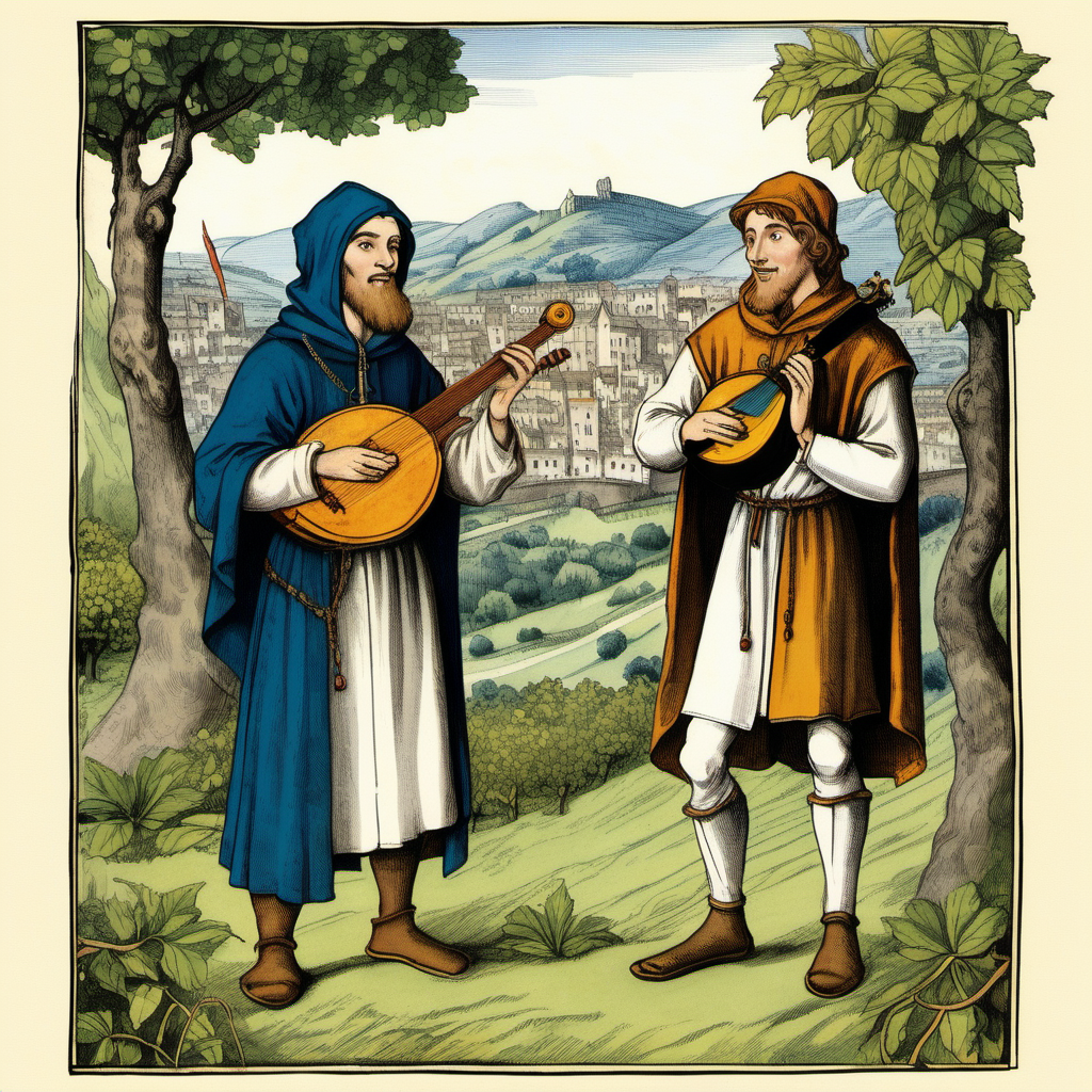 Medieval Musicians Playing Flute and Mandolin Amidst Idyllic Countryside