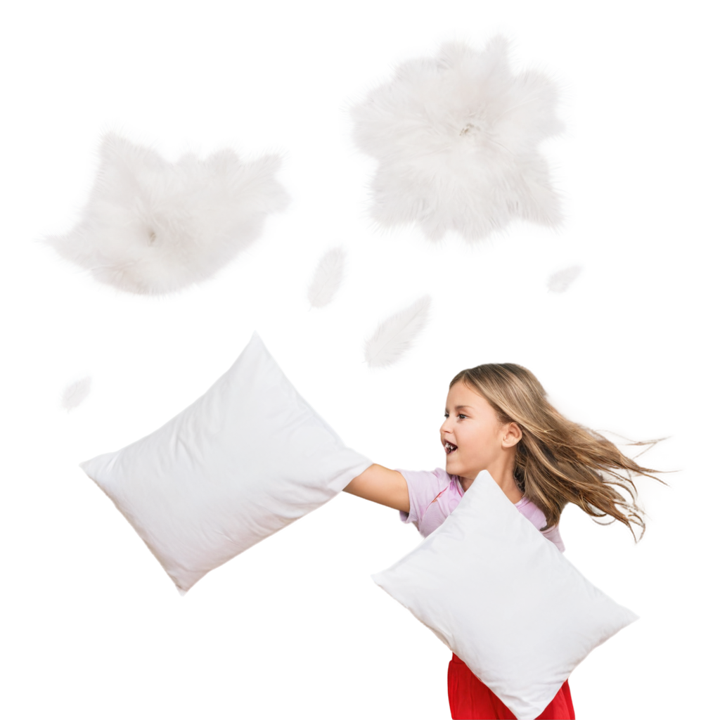 pillow fight, one pillow in the process of a child's game of pillow fight, feathers flying around