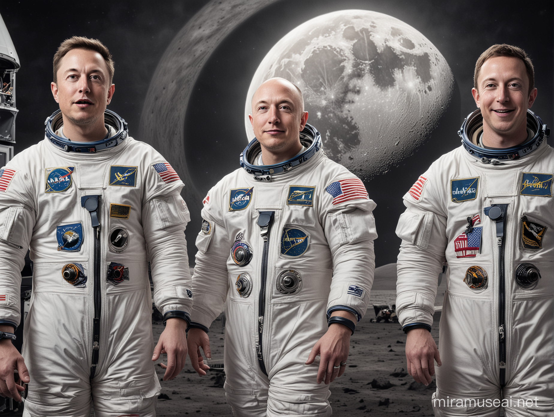 elon musk, jeff bezos, and mark zuckerberg as moon landing astronauts