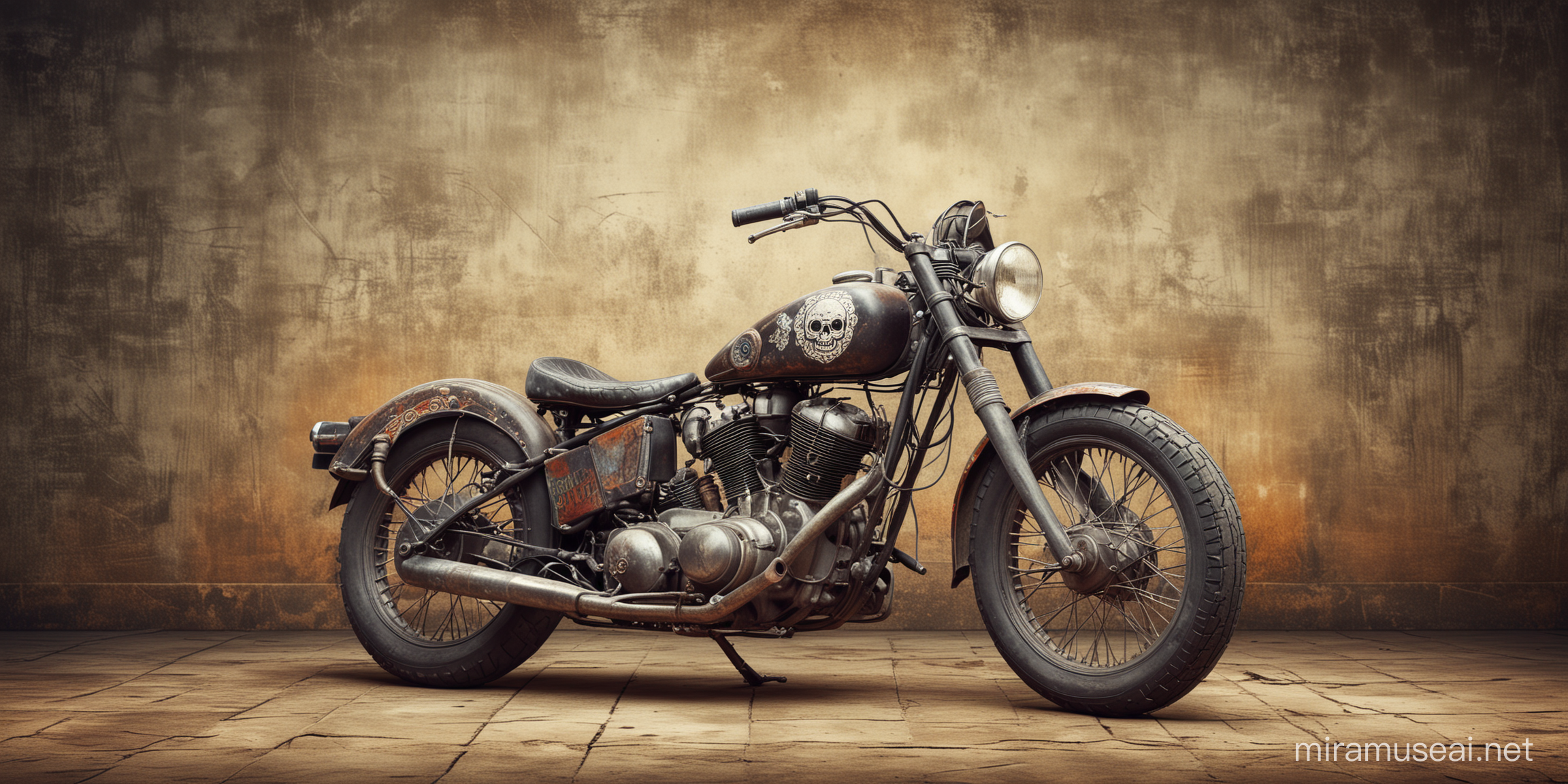 moto vintage com background desgastado e caveiras mexicanas