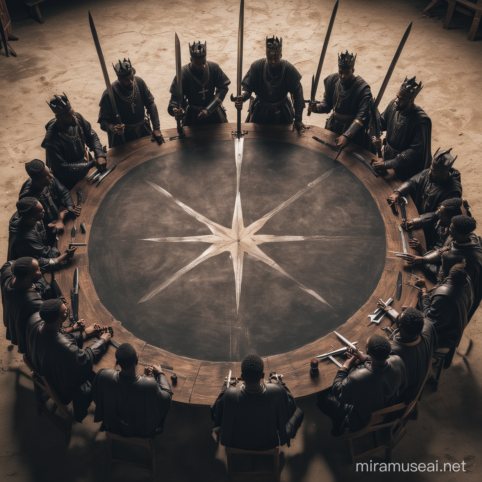 Black kings having a meeting placing their swords on a round table
