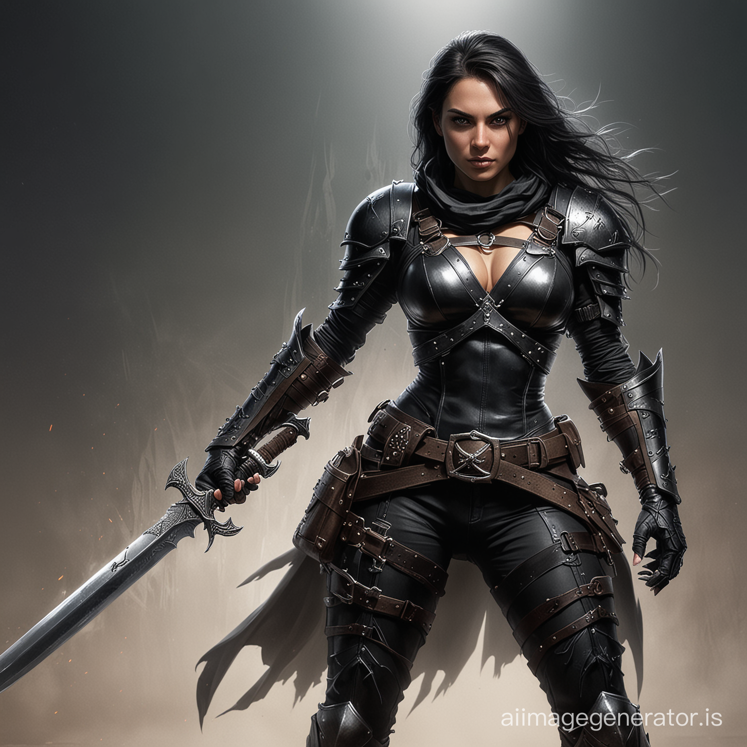 Woman bounty hunter, mid-evil, with sword, magic, black armor