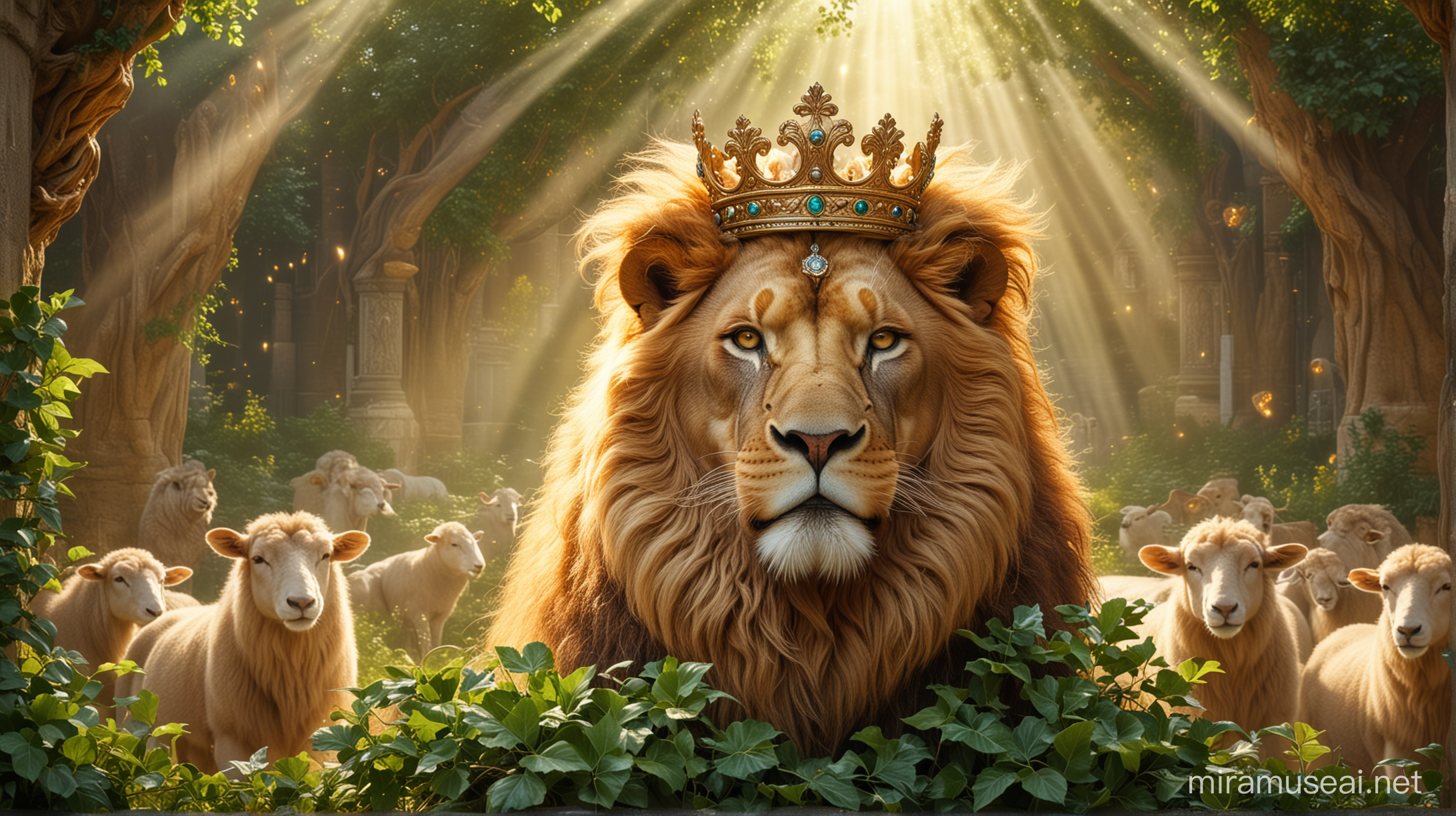 Taivaallinentausta. Kuninkaallinen koristeellinen loistava, kirkas, hohtava kultakruunu. Valonsäteitä. Leijona kuvan taustalla. Suuri aikuinen lammas leijonan vieressä. Vihreitä lehtiä.