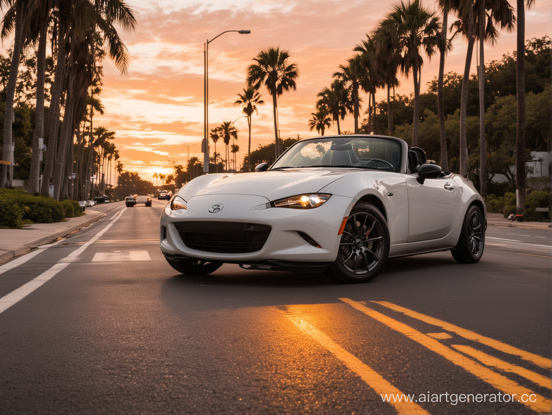 sideway near the beach, orange sunset, palms, little cloudy, close down to road, white lineup of road, mazda mx-5 miata (with opening headlights)