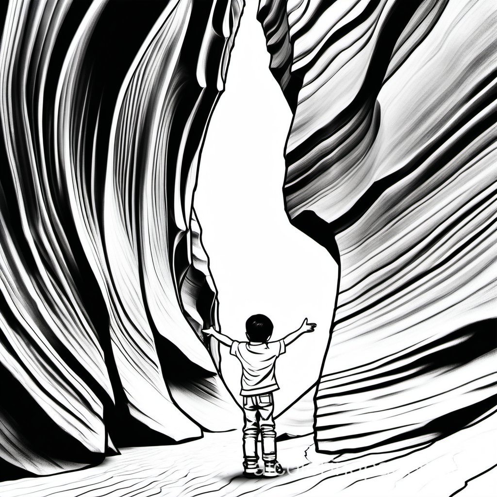 Cute boy at Antelope Canyon, Arizona, Coloring Page, black and white, line art, white background, Simplicity, Ample White Space. The background of the coloring page is plain white to make it easy for young children to color within the lines. The outlines of all the subjects are easy to distinguish, making it simple for kids to color without too much difficulty