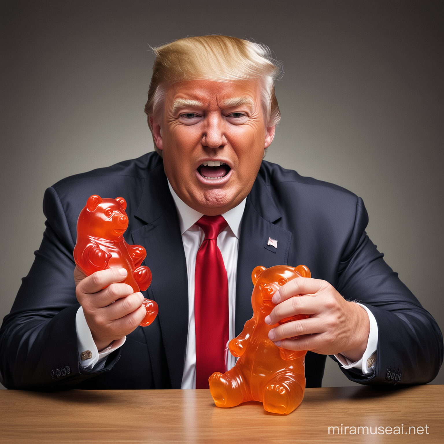 4k Funny meme Donald Trump eat a giant gummy bear 