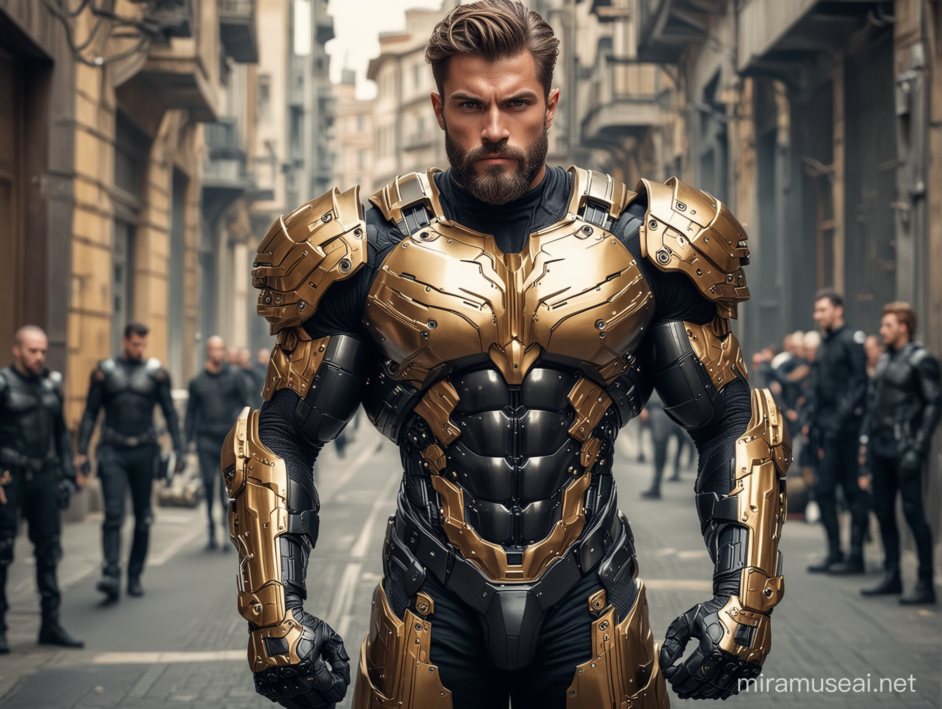 Tall and handsome bodybuilder men with beautiful hairstyle and beard with attractive eyes and Big wide shoulder and chest in sci-fi High Tech golden, sliver and black armour suit with firearms with public in background 