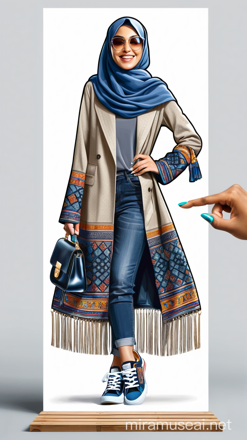 Color vertical full length vector logo sticker with border line on white background with oil paint hyperrealism technique on the subject of a happy and smiling Muslim hijab young girl with prestige vertical full length headscarf and blue denim patterned manteau and bag with blue denim slit Brand and brand and very expensive scarf and All Star sneakers on her feet inviting the viewer to visit the store with a hand gesture.
 With a beautiful and eye-catching smile with Vibrant extra-cosmic and post-planetary colors