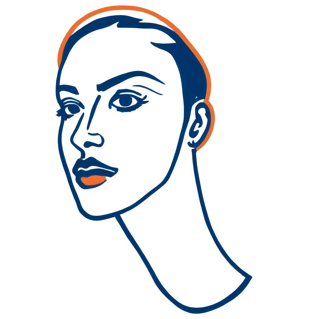 Flat illustration of a simple line drawing, A portrait inspired by the style of Henri Matisse, with a woman with stylized features and vibrant colors, colorful background