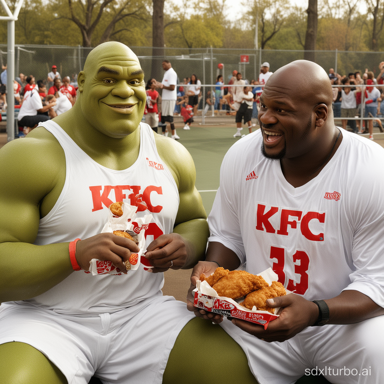 Shrek and Shaquille O'Neal eat KFC chicken during a match on the non-ketball court.