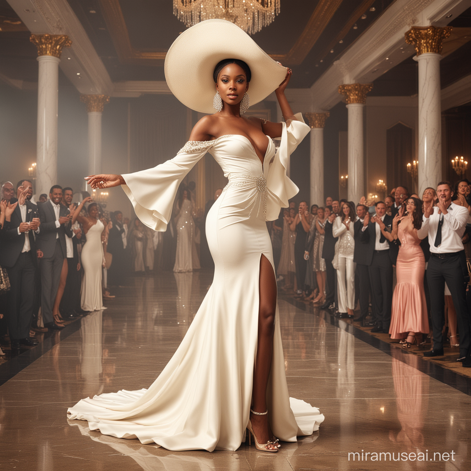 African Model Showcasing Extravagant Bridal Attire on Glamour Runway