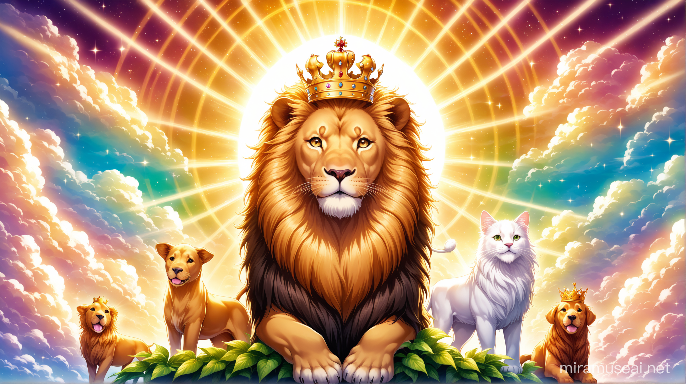 Taivaallinen tausta. Pilvessä Leijona. Kuninkaallinen koristeellinen loistava, kirkas, hohtava kultakruunu. Valonsäteitä. Leijona kuvan taustalla.  Vihreitä lehtiä. Koira, kissa, karitsa