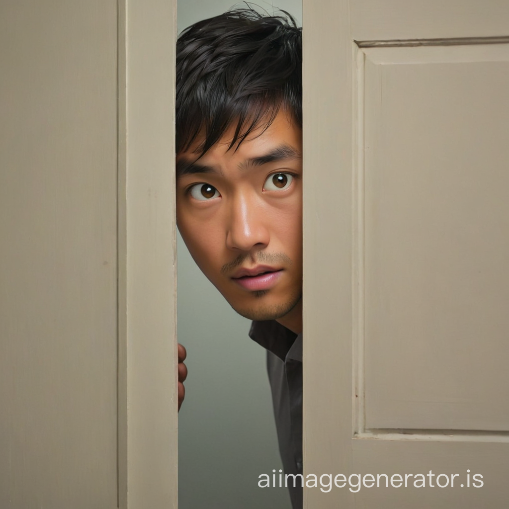 asian man peeking through a door