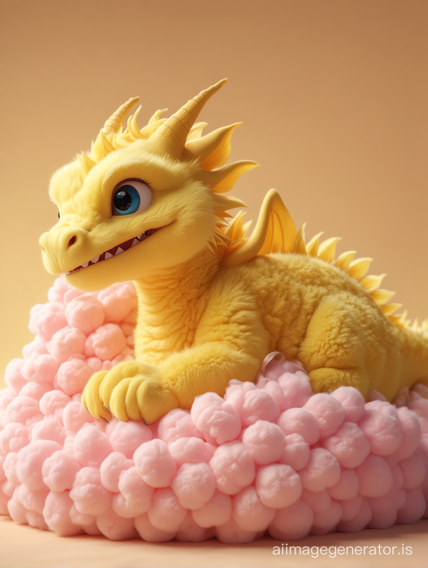 A newborn lying next to a furry sleeping dragon，Pixar animation style, a yellow Chinese dragon, made of cotton candy material,with a happy expression. The background of theID photo is yellow, with a half-side composition.Standing, the whole body is centred, hard light,strong light sense, c4d, high-definition quality