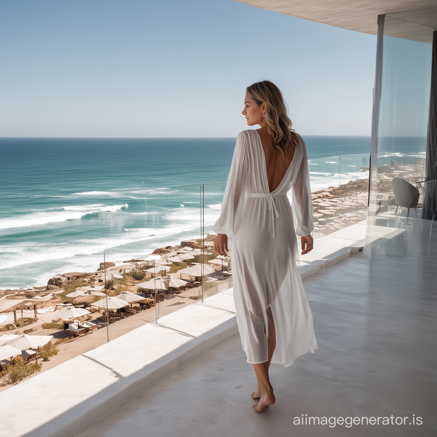 botique hotel spa, with woman back to the camera wearing a sleek semi transparent white dress. with a view to the sea



