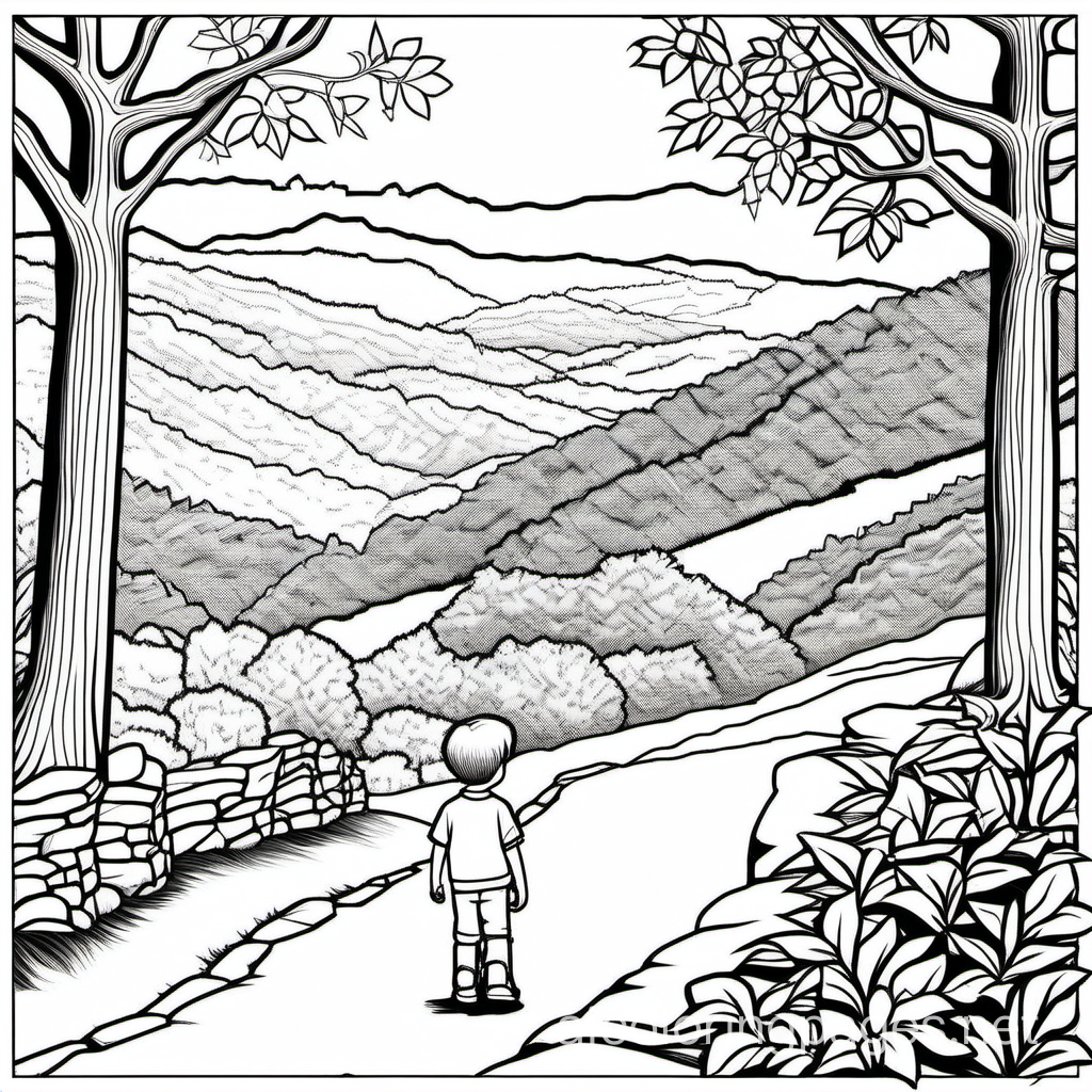 Cute boy at Blue Ridge Parkway, North Carolina, Coloring Page, black and white, line art, white background, Simplicity, Ample White Space. The background of the coloring page is plain white to make it easy for young children to color within the lines. The outlines of all the subjects are easy to distinguish, making it simple for kids to color without too much difficulty