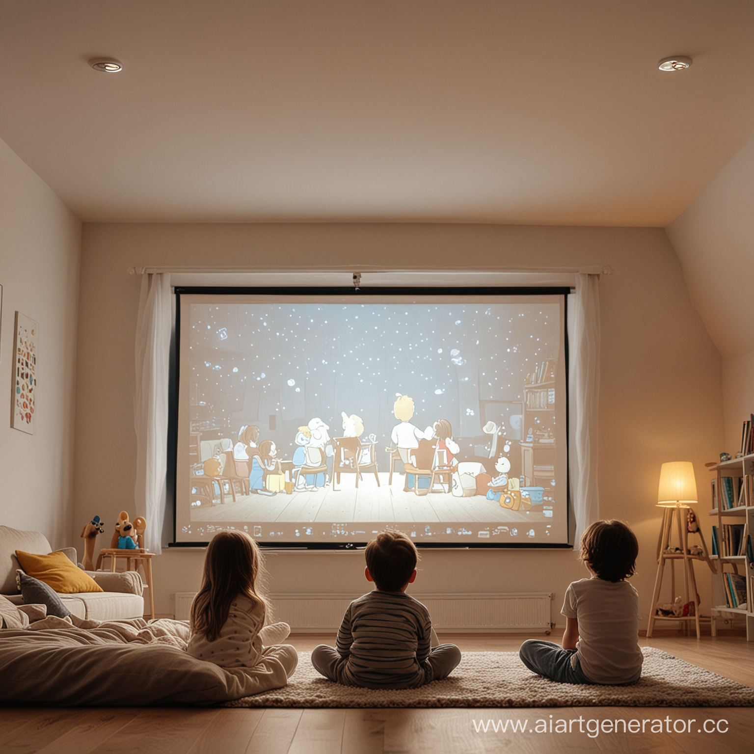Вид сзади два ребенка смотрят мультфильм на проекторе уютная атмосфера 
