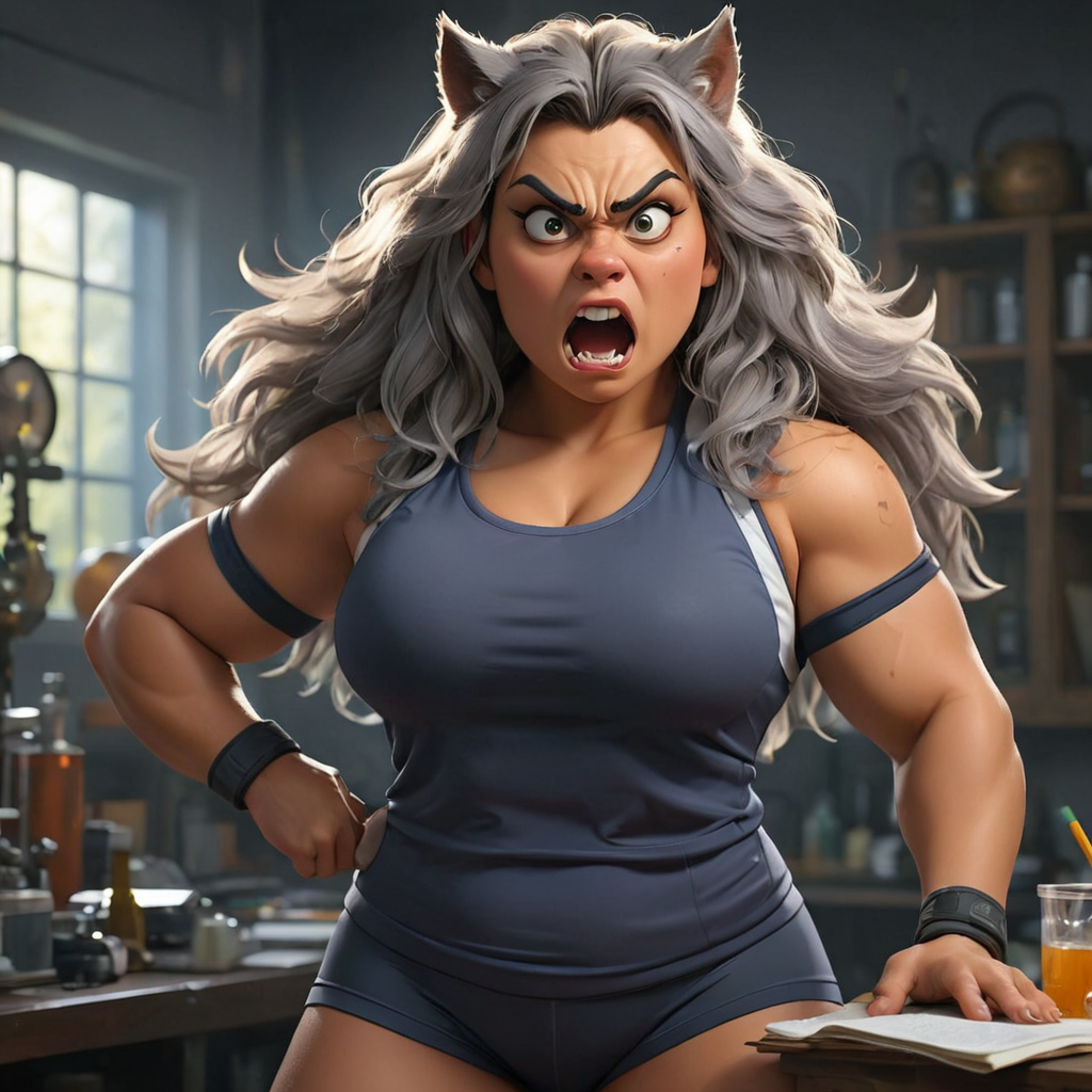 A voluptuous grumpy werewolf woman in sports clothes doing science