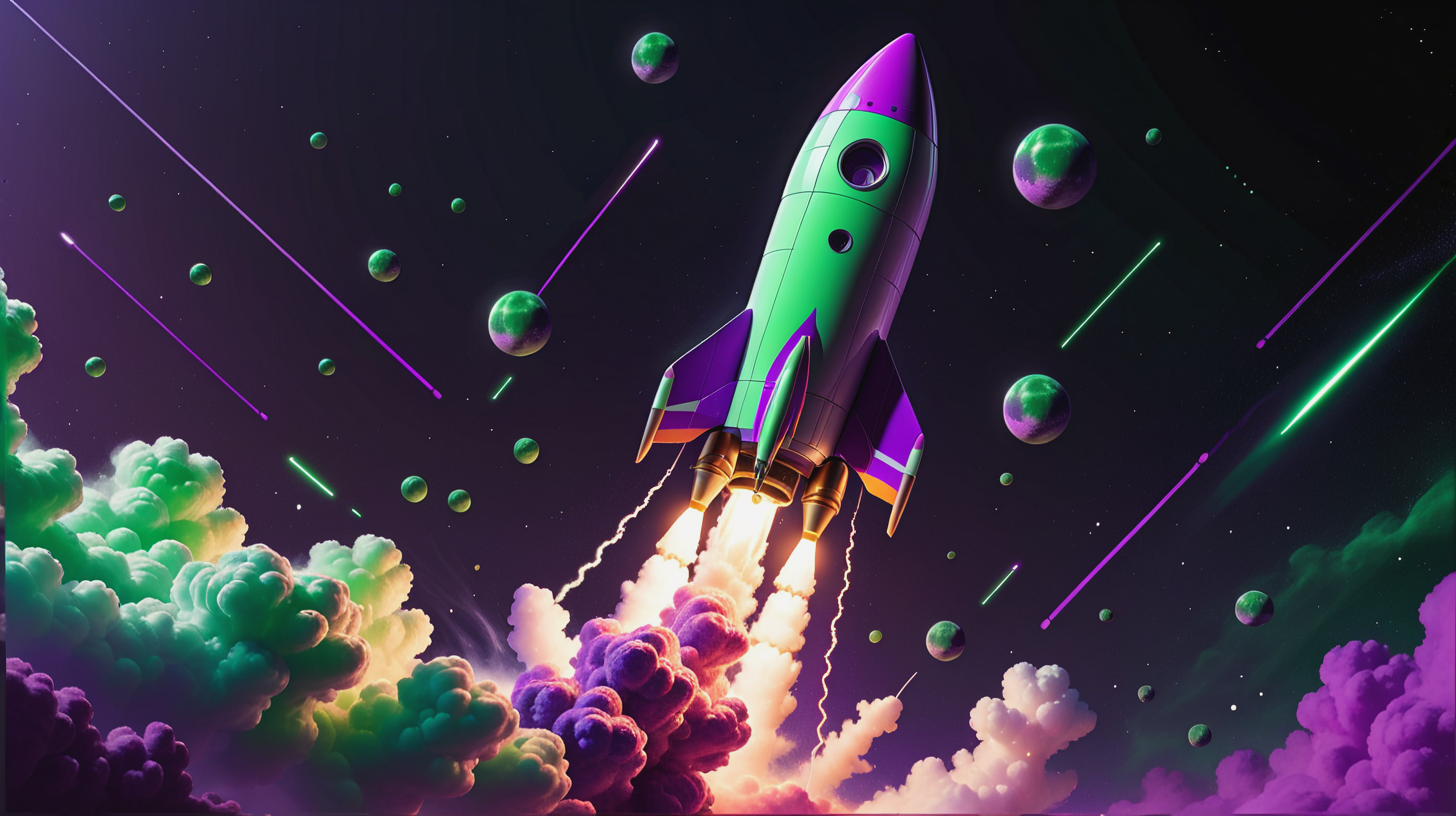 blockchain illustration of a rocket, purple and green colors