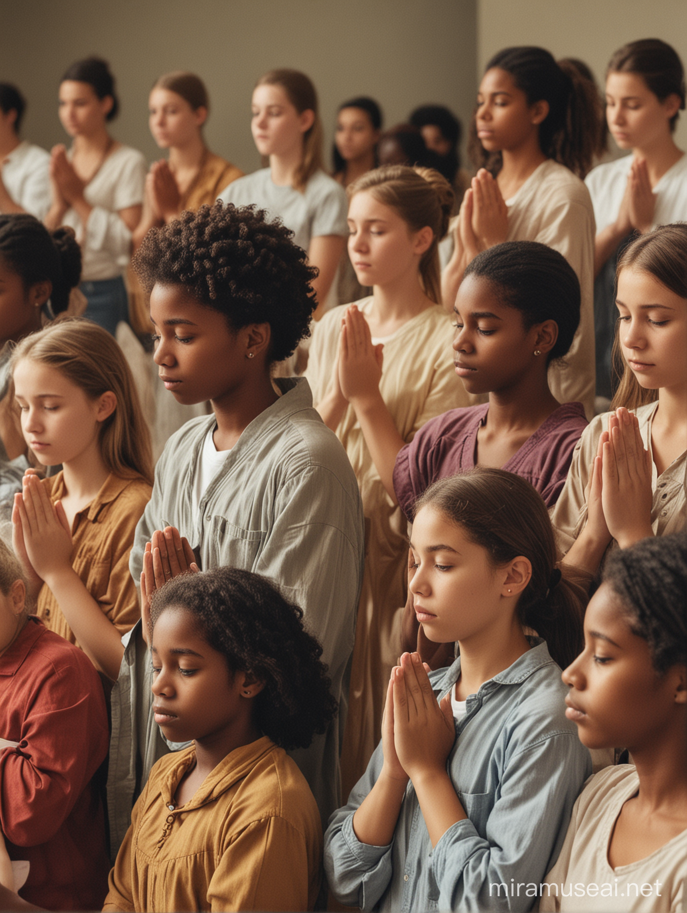 Adolescentes de diversas razas orando.