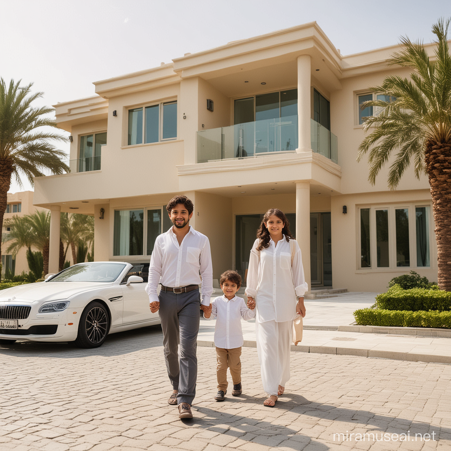 Middle Eastern Family Joyfully Plays Outside Modern Luxury Home