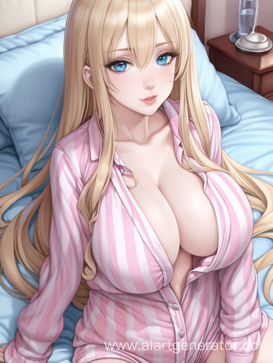 Blonde curvy long hair, blue eyes, pale skin, big boobs, big lips, skinny, pink pajamas, lay on the bed, anime