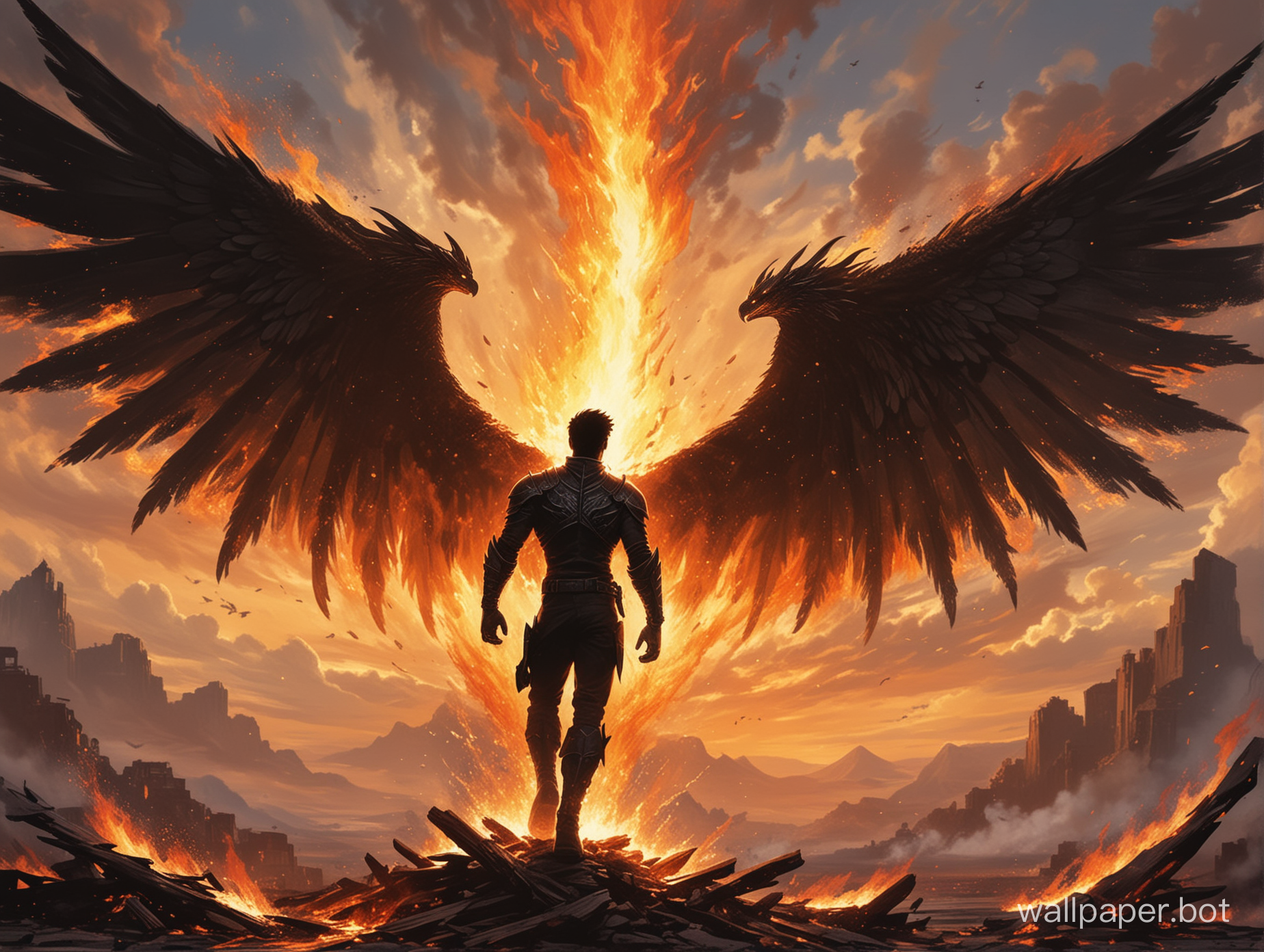 a person like a black shadow like appearance character with wings of fire rising from the ashes down around him to the sky
