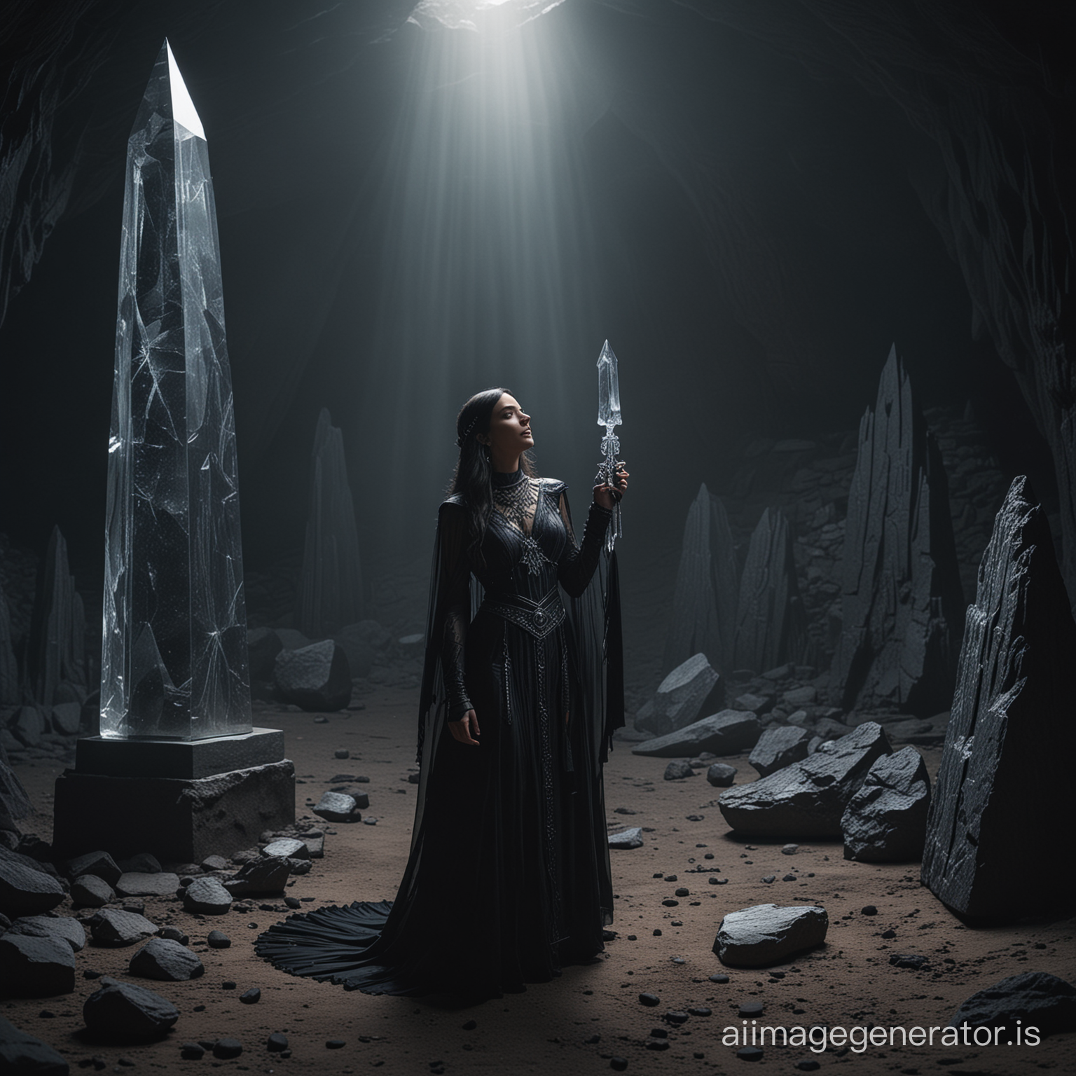 A beautiful woman dressed in an outfit based on a raven performing a ritual next to a large crystal obelisk in a dark cave