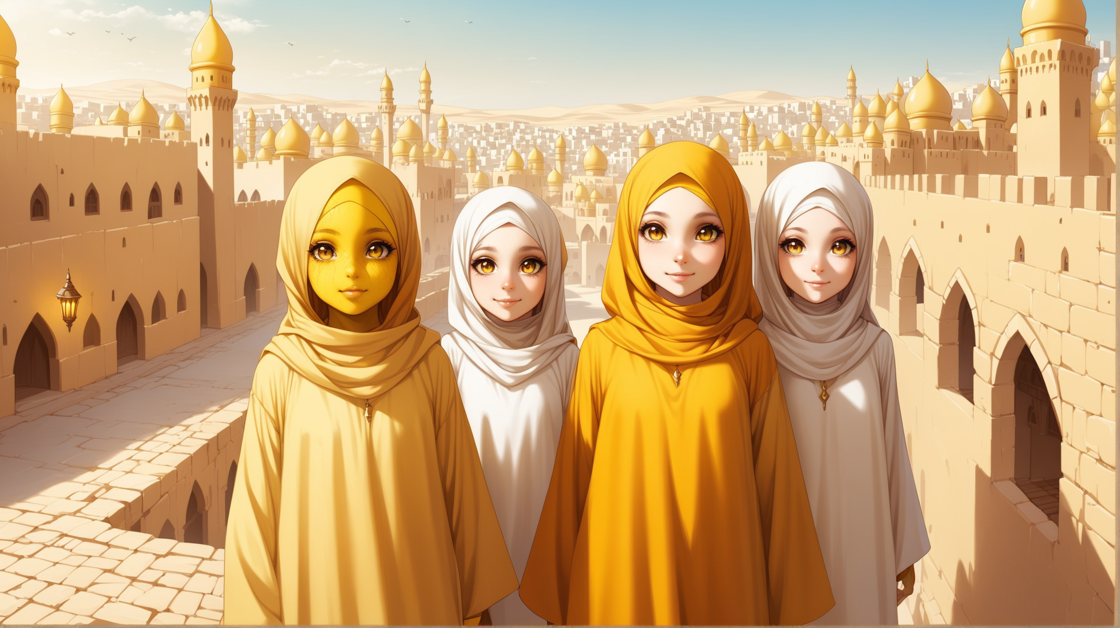 young yellow gnome girls with yellow skin, Arabic city, Medieval fantasy