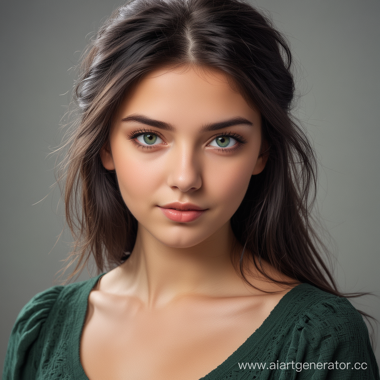 Молодая девушка, в темными волосами и зелеными глазами, миловидной внешности