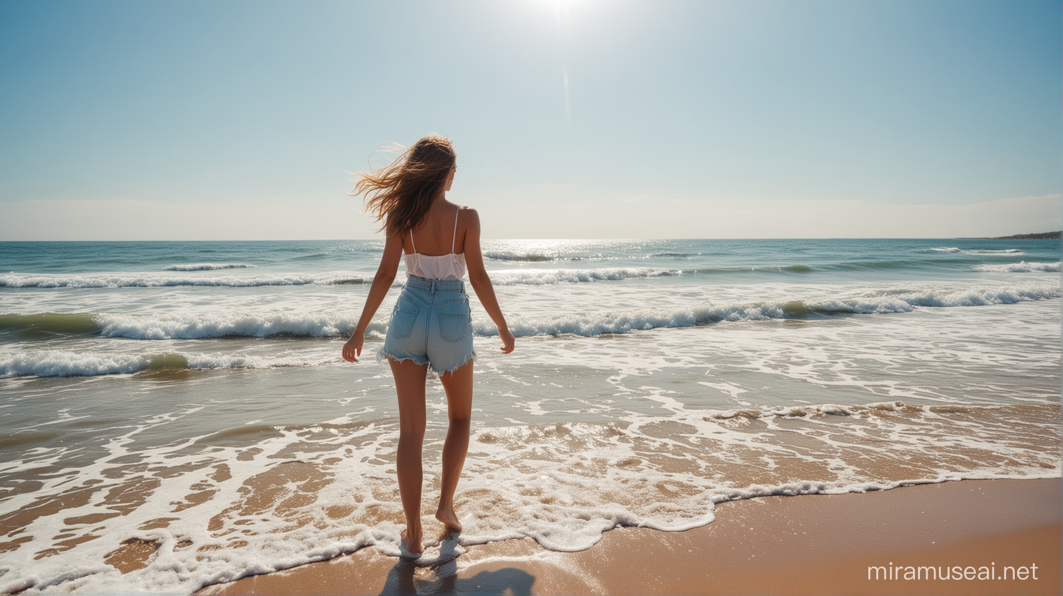 a happy young woman walking on the beach close to the sea and sees on the waves, back view, blue sky, colorful