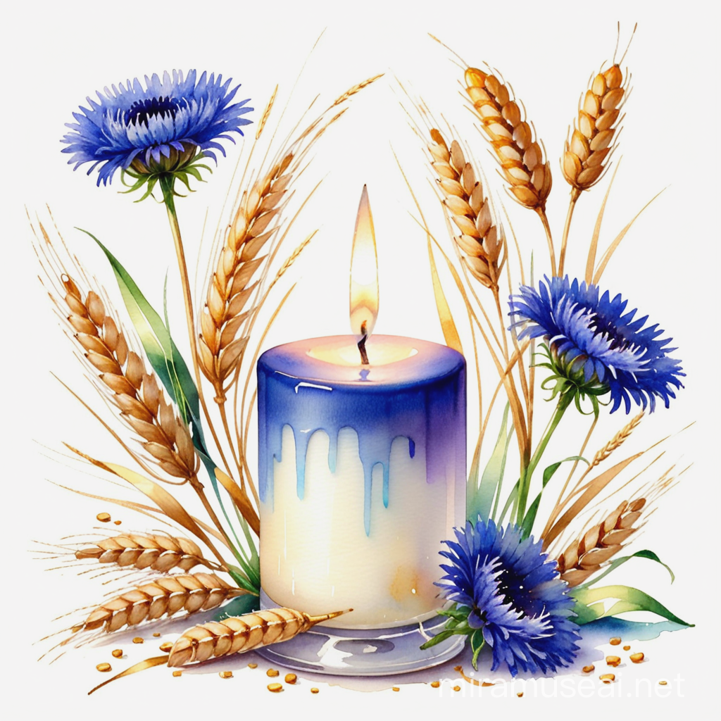 Rustic Candle with Wheat and Floral Bouquet on White Background
