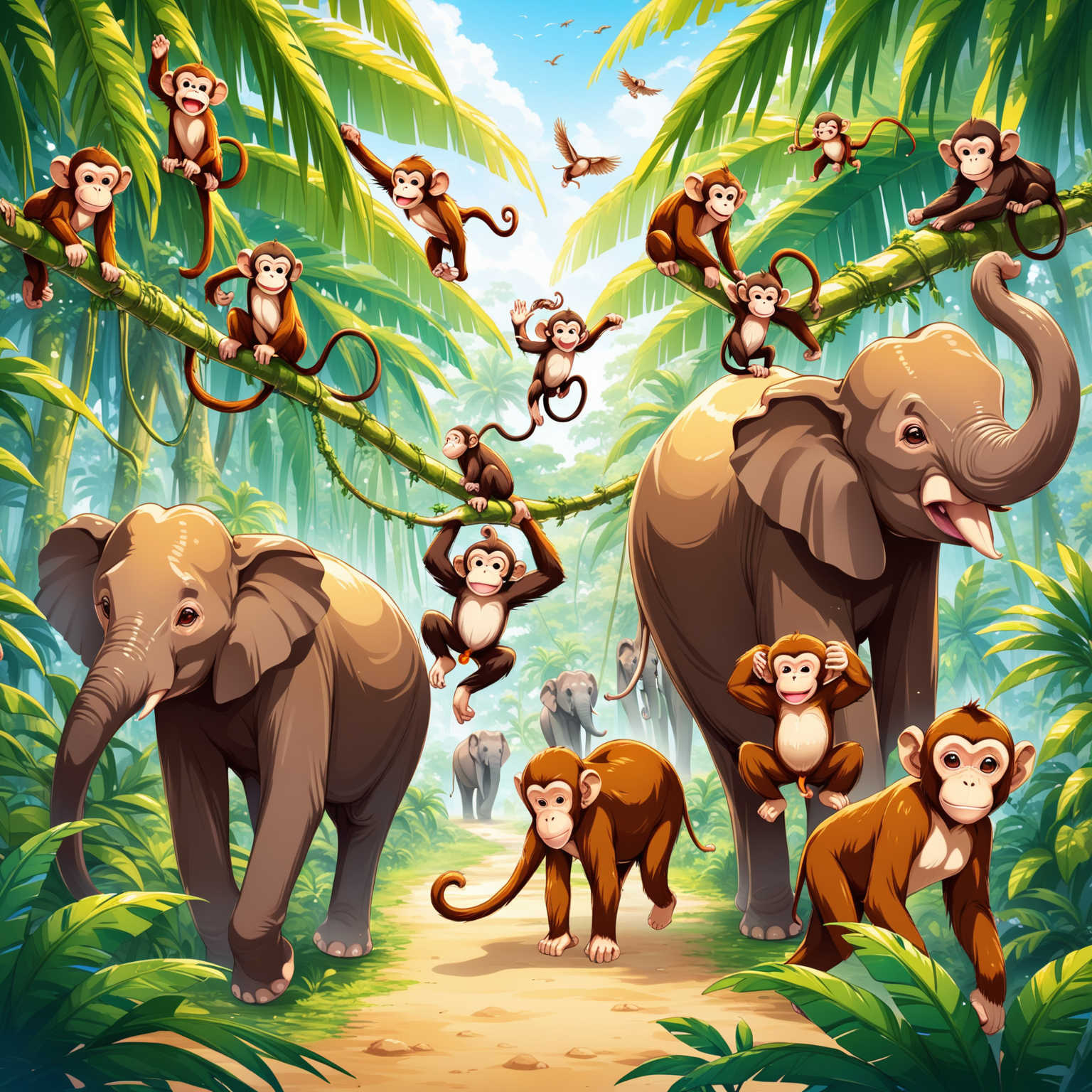 jungle safari with exotic creatures, monkeys, elephants, monkeys