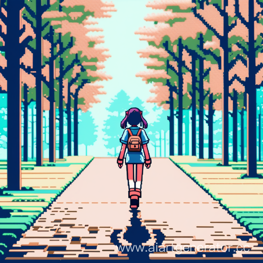 Anime girl walks through the park past the trees, in 8-bit style