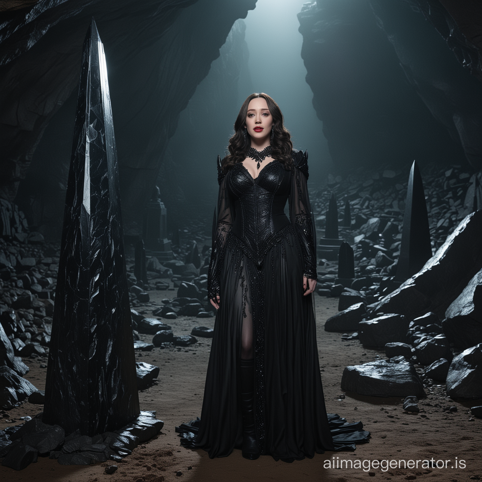 Kat Dennings dressed in an outfit based on a raven performing a ritual next to a large black crystal obelisk in a dark cave
