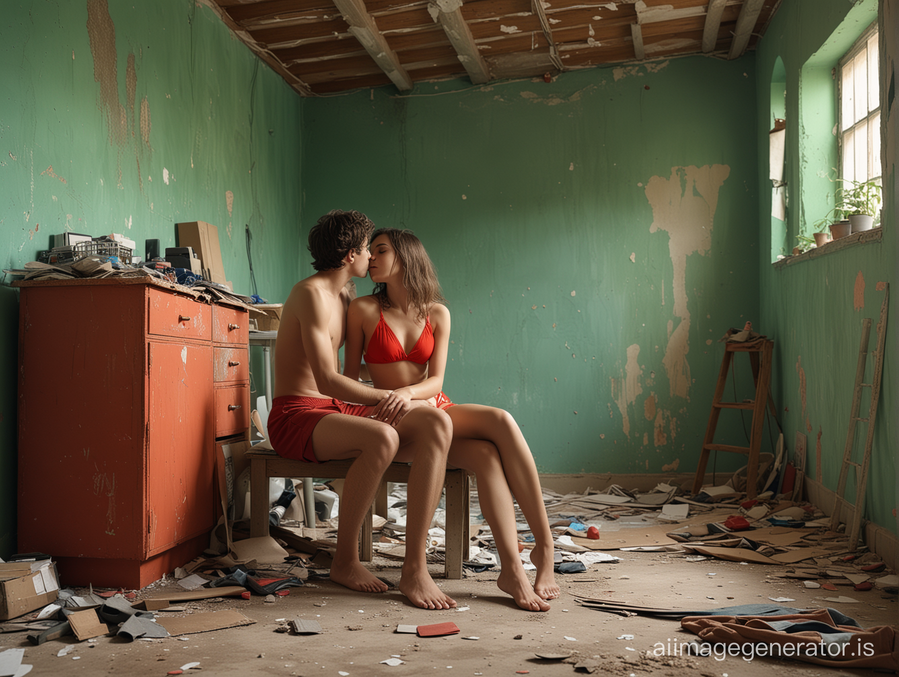 dramatic composition of a teenage girl in a stylish blue bikini and a boy in vibrant red shorts sitting in a messy room with light green walls and a crumbling ceiling, creating a sense of anticipation and intimacy just before a kiss. The image is captured with vivid lighting, showcasing the emotions and details in high quality. Shot in 4K resolution, the image portrays a raw and authentic moment, evoking a sense of youthful passion and vulnerability. This studio photograph, taken with a Leica camera,