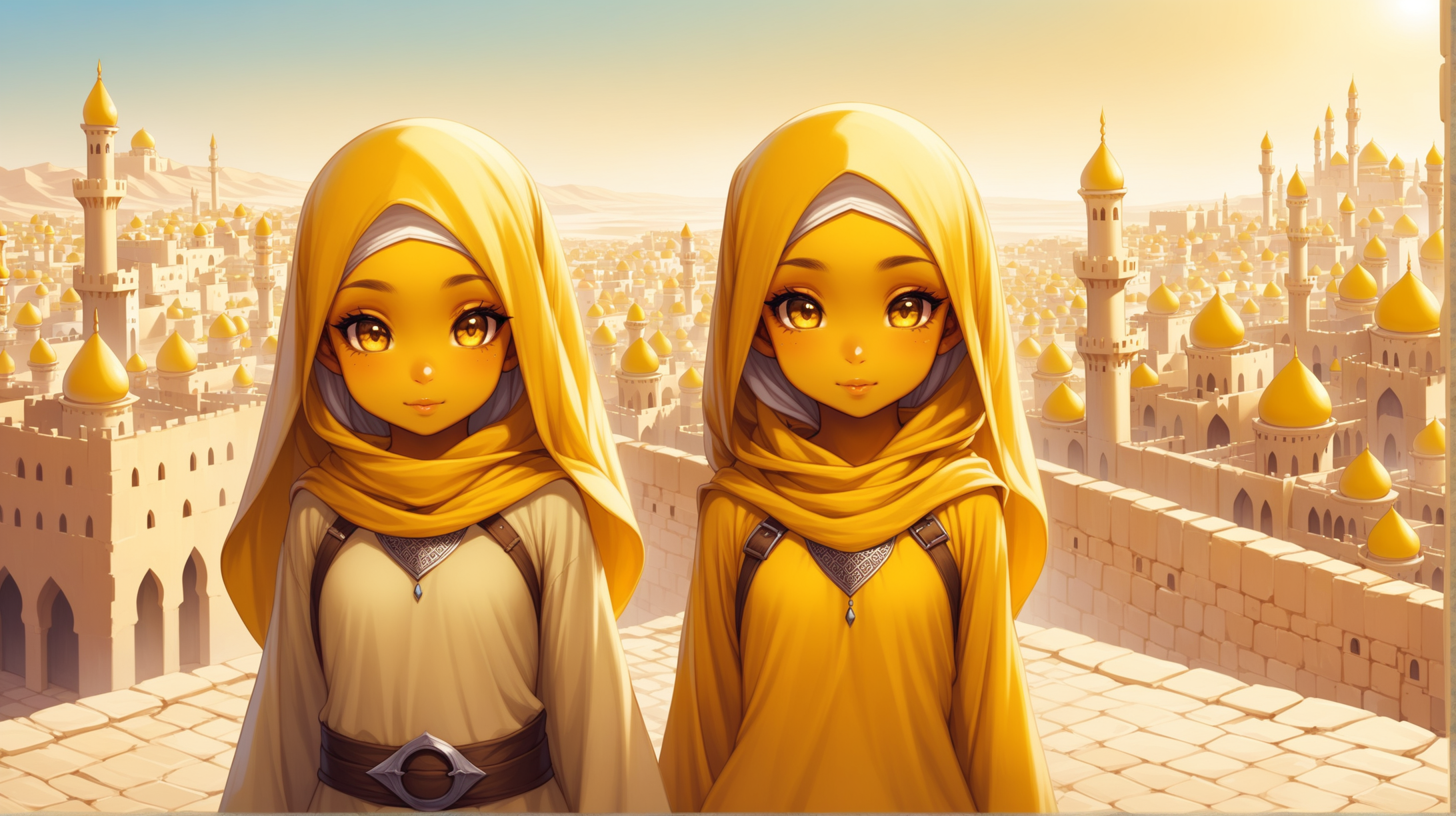 young yellow gnome girls with yellow skin, Arabic city, Medieval fantasy