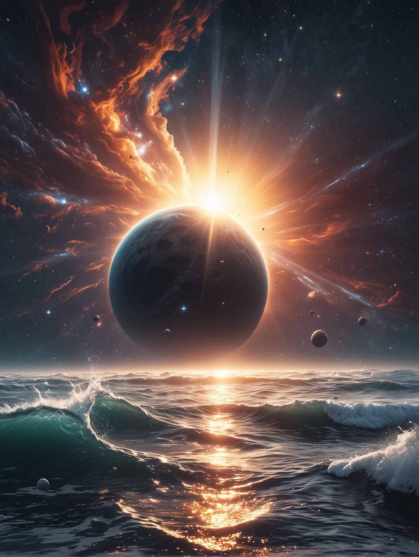 Create an image that shows outer space with a sunrise effect and water