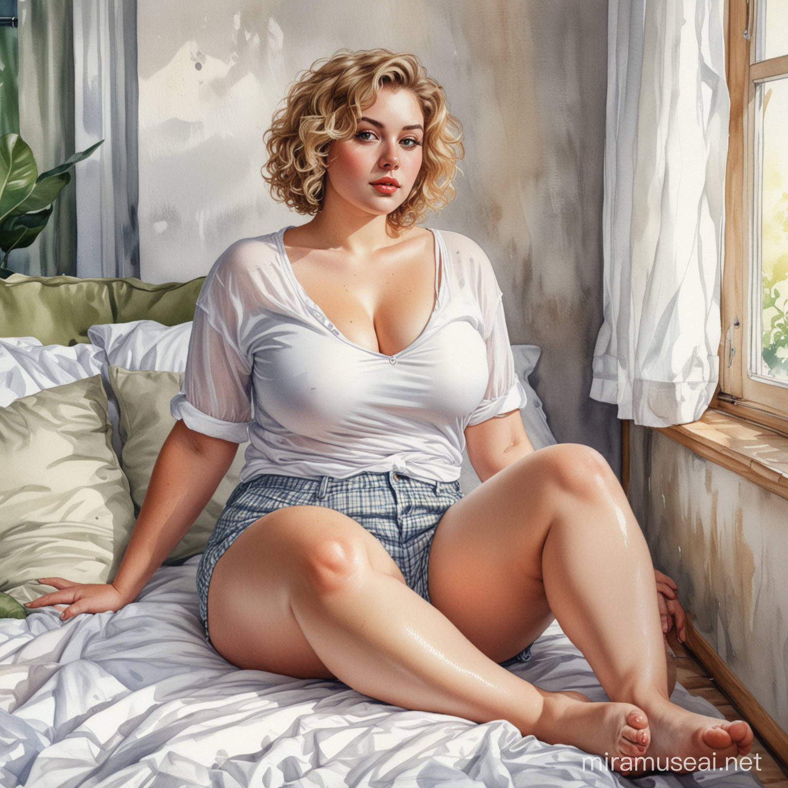 Blonde Curvy Woman Relaxing by Window in German Style Room