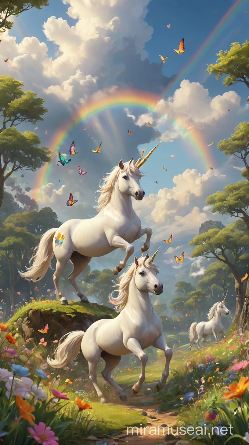 A beautiful land with rainbows and unicorns frolicing butterflies flying butds singing