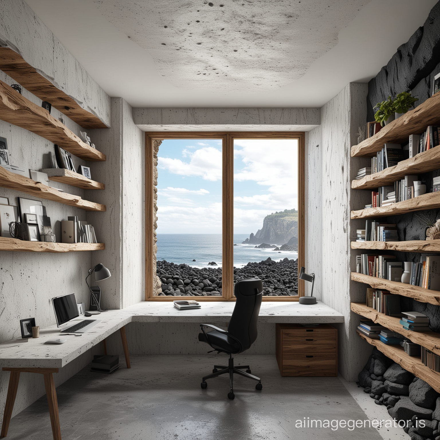 small office with white concrete walls, a small window looking out towards the sea, accent wall with irregular basalt stone from an ancient lava flow and creative library shelves, tall wooden ceiling, 4K, ultra realistic, lots of detail 