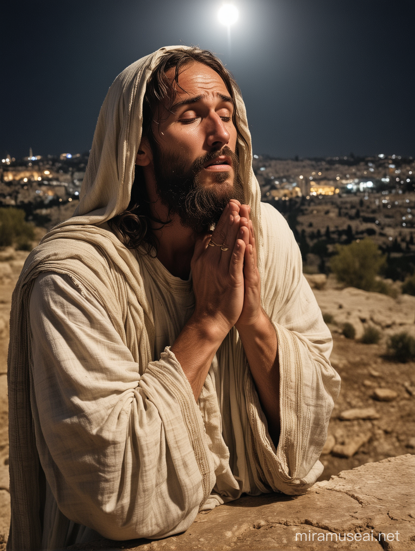 Jescristo sudoroso, orando en el monte de los olivos durante la noche.