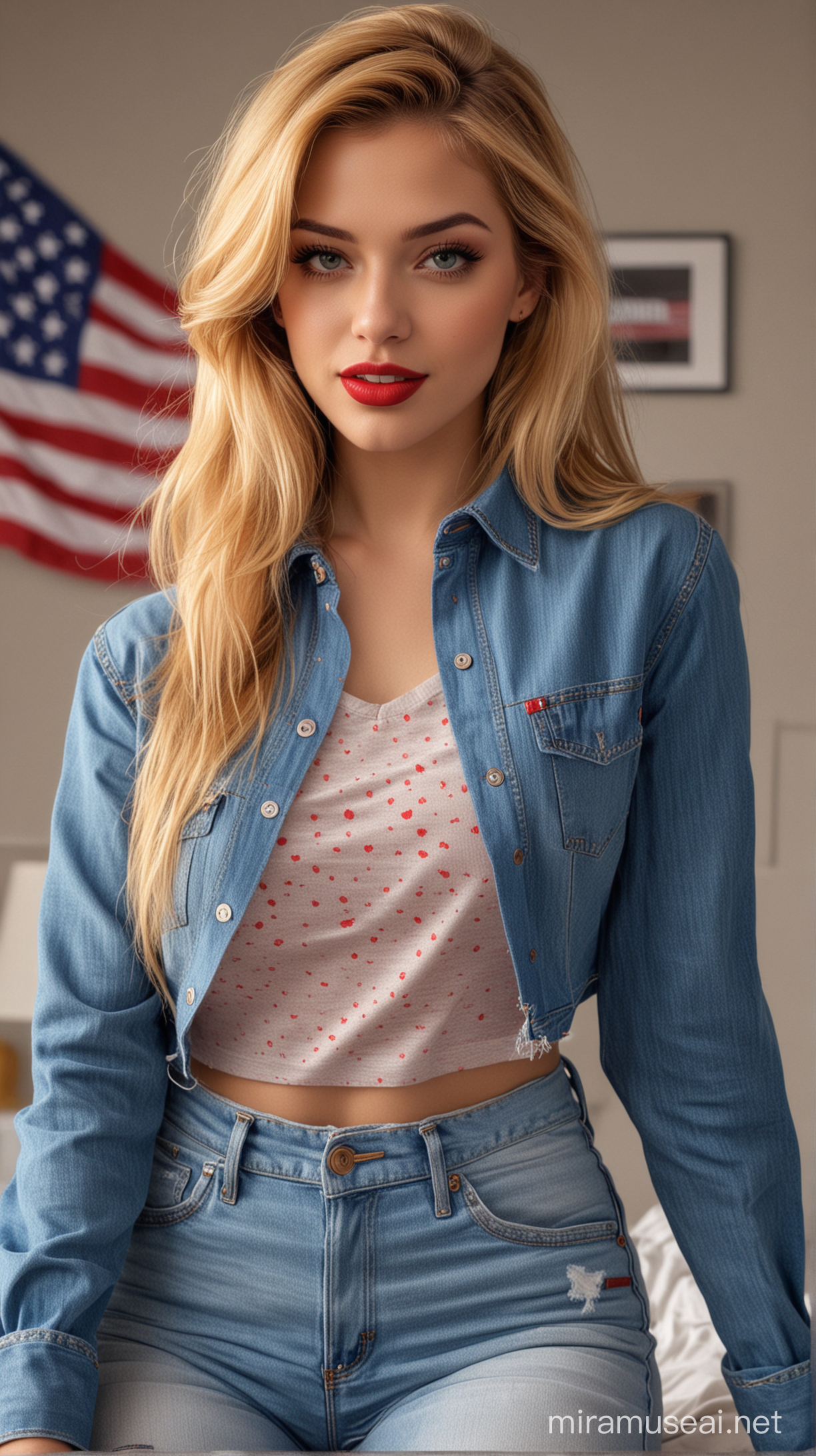4k Ai art beautiful USA girl golden hair red lipstick ear tops blue jeans and half shirt six pack girl in USA home
