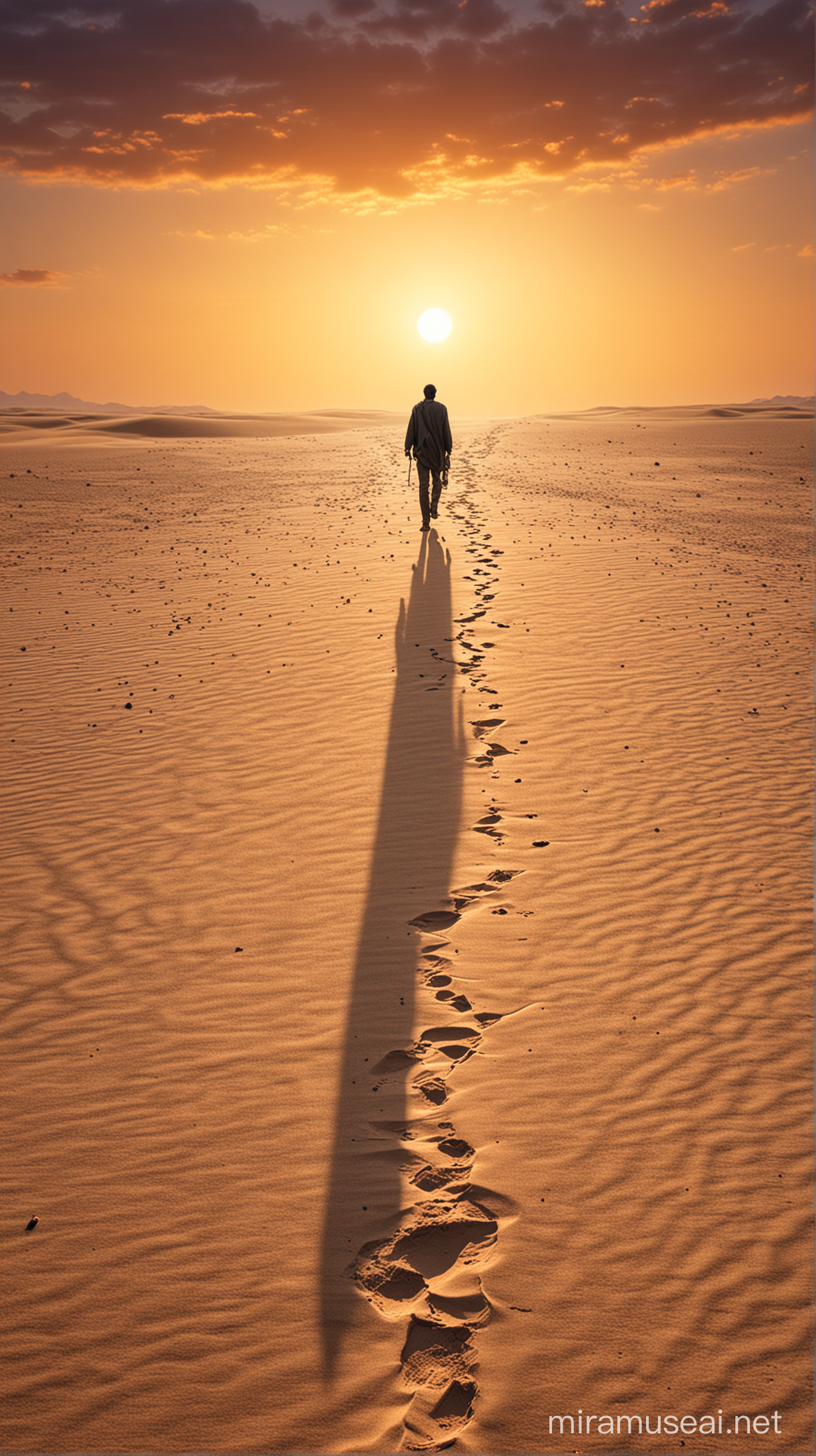 Lonely Journey A Poor Man Trekking through the Vast Desert at Sunset