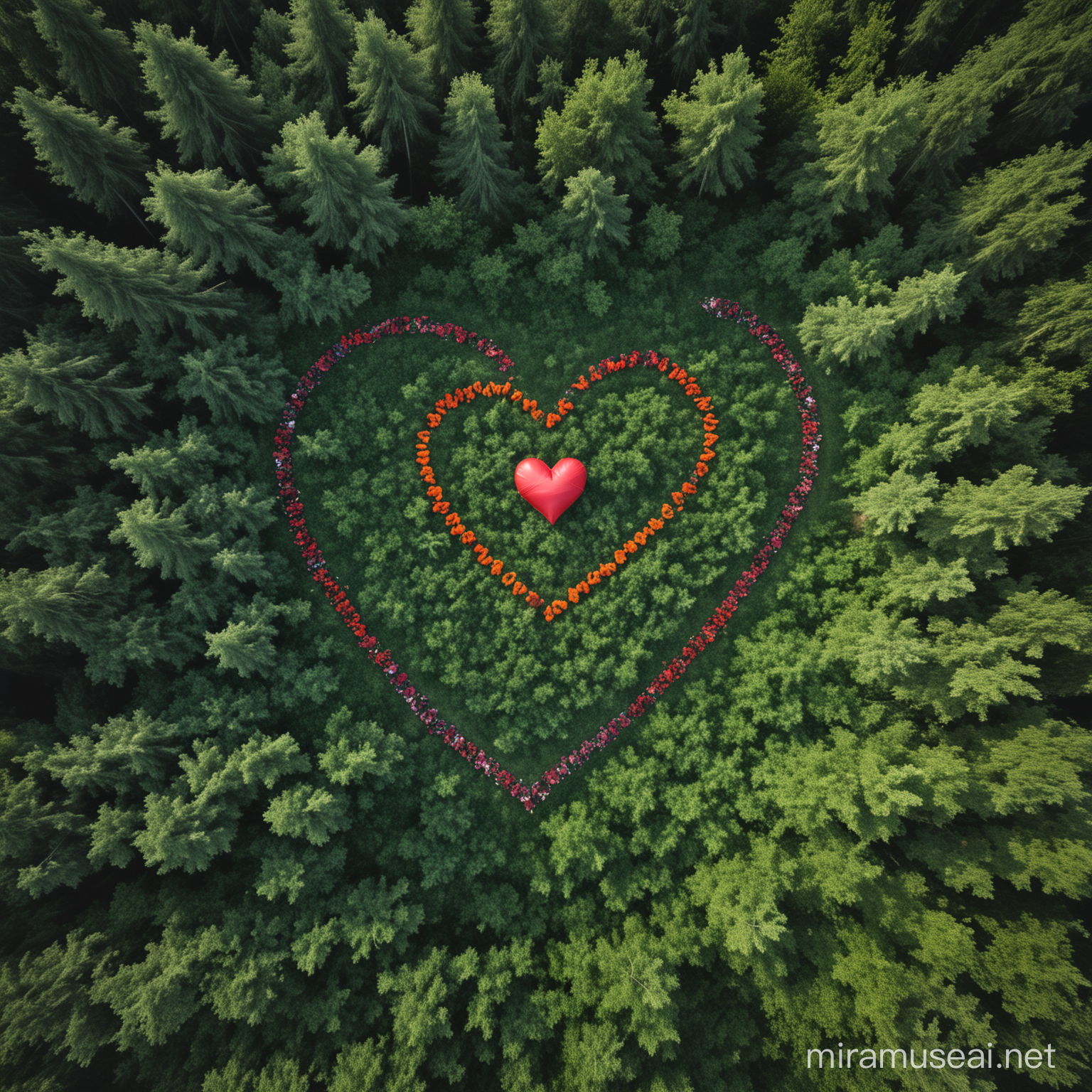 Create an AI image showcasing a top view of an plastic heart shape floating straight over a lush forest, with the vibrant colors of Eid woven into the landscape below. Emphasize the tranquility and serenity of the forest, portraying it as a peaceful haven amidst the hustle and bustle of Eid celebrations. Incorporate traditional Eid symbols such as crescent moons, lanterns, and intricate patterns subtly integrated into the foliage or scattered on the forest floor.

Consider adding touches of festivity to the scene, such as colorful Eid decorations adorning the trees or small gatherings of people engaging in joyful Eid festivities within clearings in the forest. These elements should evoke a sense of community and celebration, harmonizing with the natural beauty of the surroundings.

The heart shape should be depicted elegantly soaring above the forest, symbolizing the journey and adventure that travel brings during the Eid season. Ensure that the airplane blends seamlessly into the scene, its presence serving as a reminder of the excitement and exploration inherent in Eid travels.

Overall, aim to create an AI image that captures the essence of Eid, intertwining the joy of celebration with the spirit of discovery and adventure that travel represents.