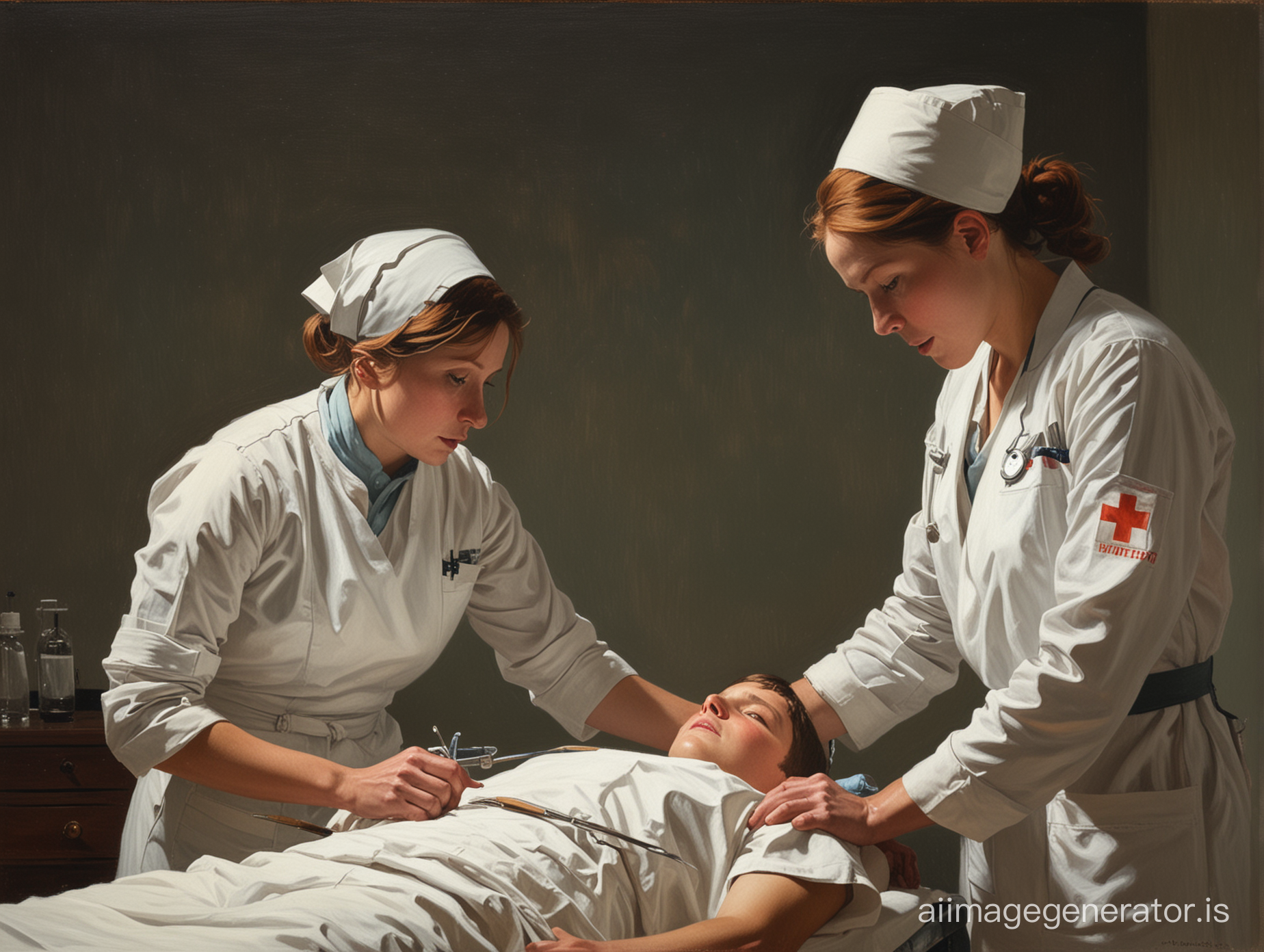 painting in the style of Winslow Homer depicting a nurse boy assisting a surgeon during a high-stakes operation, intense lighting, emotional depth, narrative composition, American realism, oil on canvas, 16:9 aspect ratio, highly evocative