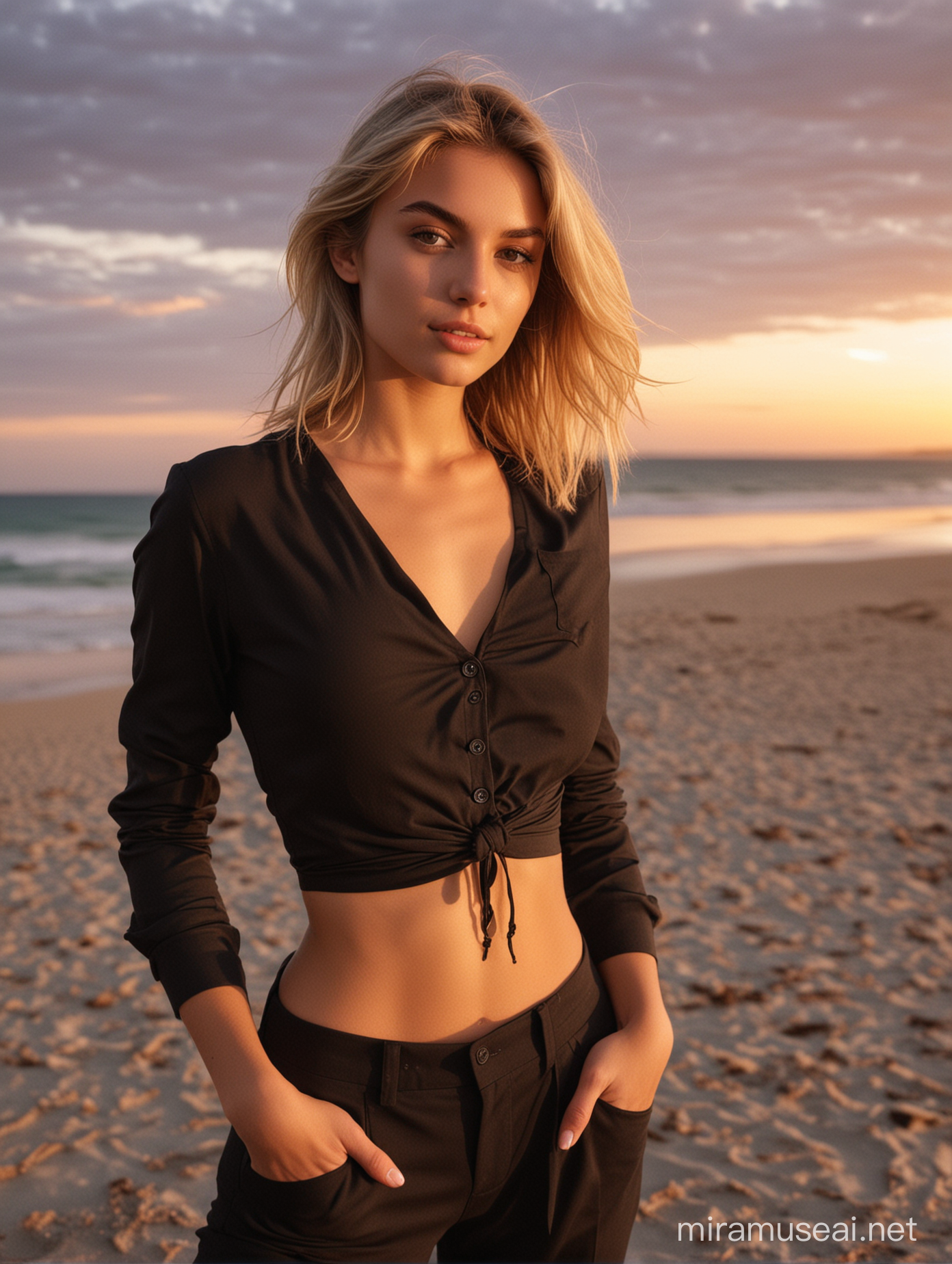 ItalianAustralian Girl with Blonde Hair Posing on Australian Beach at Sunset