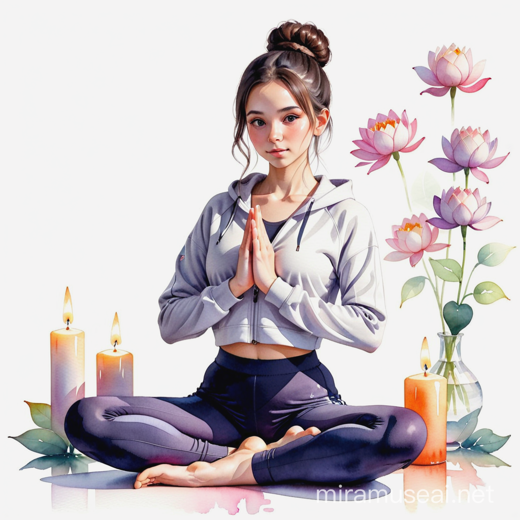 DarkHaired Girl in Yoga Pose with Candle and Flowers on White Background
