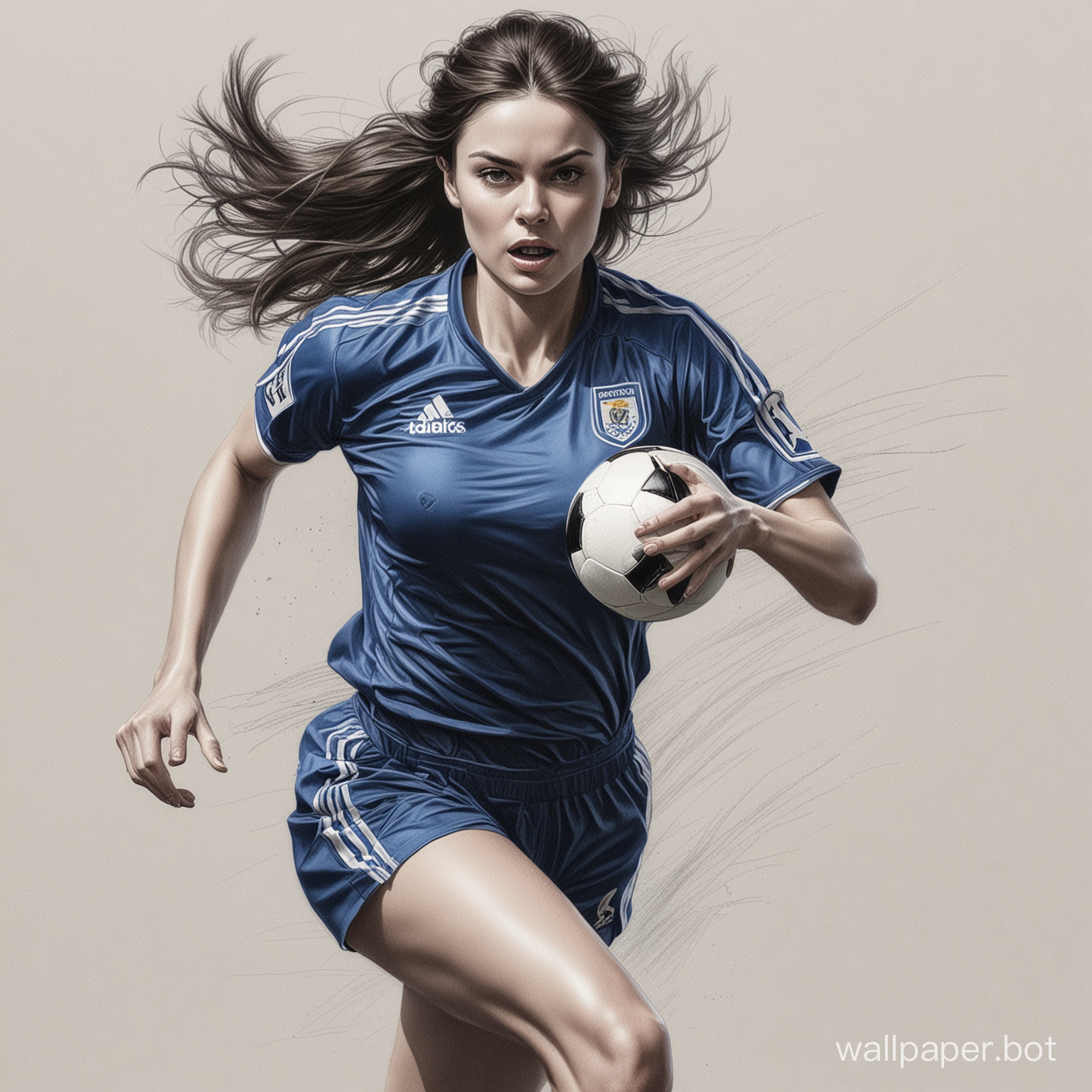 скетч молодая Ирина Спиженкова темные волосы 4 размер груди узкая талия   В   черно-синей футбольной форме  на огромной скорости бежит и бьет по мячу  белый фон высокая реалистичность рисунок карандашом